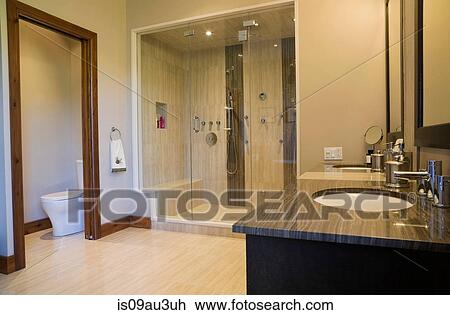 Main bathroom with double steam glass shower stall, vanity and toilet, Quebec, Canada View Large Photo Image Stock Image - Main bathroom with double steam glass shower stall, vanity and toilet, Quebec, Canada. Fotosearch