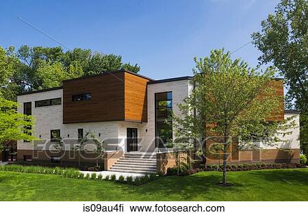 Stock Image - Modern cubist cedar wood building exterior, Quebec, Canada. Fotosearch