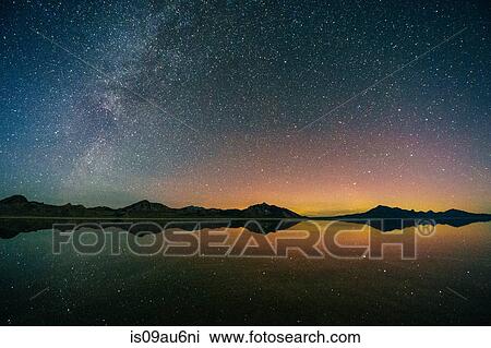 Reflecting pool of mountain range and Milky Way in dramatic night sky, Bonneville, Utah, USA View Large Photo Image Stock Image - Reflecting pool of mountain range and Milky Way in dramatic night sky, Bonneville, Utah, USA. Fotosearch