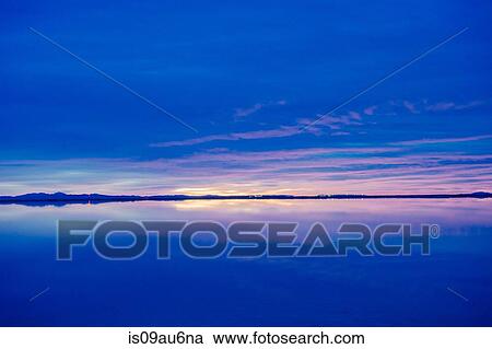 Reflection pool of horizon over water, blue evening sky and sunset, Bonneville, Utah, USA View Large Photo Image Stock Image - Reflection pool of horizon over water, blue evening sky and sunset, Bonneville, Utah, USA. Fotosearch