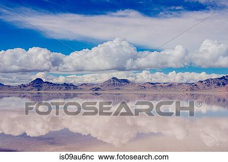 Reflection pool of horizon over water, mountain range and clouds, Bonneville, Utah, USA View Large Photo Image Stock Image - Reflection pool of horizon over water, mountain range and clouds, Bonneville, Utah, USA. Fotosearch