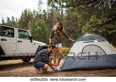 Young couple putting up tent in forest, Lake Tahoe, Nevada, USA View Large Photo Image Stock Photo - Young couple putting up tent in forest, Lake Tahoe, Nevada, USA. Fotosearch