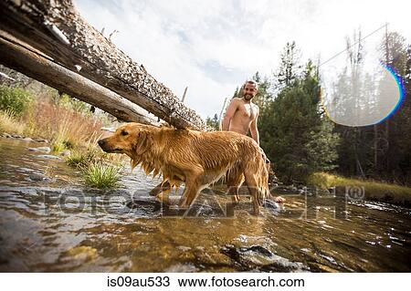 Young man and dog paddling in river, Lake Tahoe, Nevada, USA View Large Photo Image Stock Image - Young man and dog paddling in river, Lake Tahoe, Nevada, USA. Fotosearch