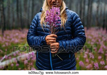 Cropped view of mid adult woman wearing padded coat holding wildflowers, Moraine lake, Banff National Park, Alberta Canada View Large Photo Image Stock Image - Cropped view of mid adult woman wearing padded coat holding wildflowers, Moraine lake, Banff National Park, Alberta Canada. Fotosearch