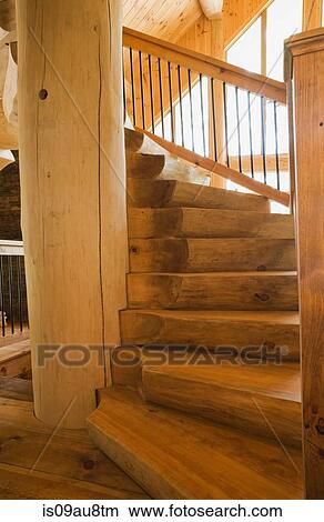 Eastern white pine stairway and pillar in log cabin View Large Photo Image Picture - Eastern white pine stairway and pillar in log cabin. Fotosearch