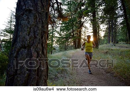 Female runner running on forest path View Large Photo Image Picture - Female runner running on forest path. Fotosearch