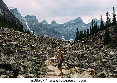 Side view of mid adult woman on rocky landscape beneath mountain range, Moraine lake, Banff National Park, Alberta Canada View Large Photo Image Picture - Side view of mid adult woman on rocky landscape beneath mountain range, Moraine lake, Banff National Park, Alberta Canada. Fotosearch