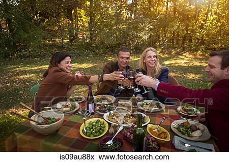 Two mature couples making a toast over roast dinner at garden party View Large Photo Image Stock Photo - Two mature couples making a toast over roast dinner at garden party. Fotosearch