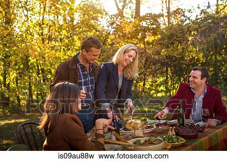 Stock Photo - Two mature couples serving roast dinner at garden party. Fotosearch