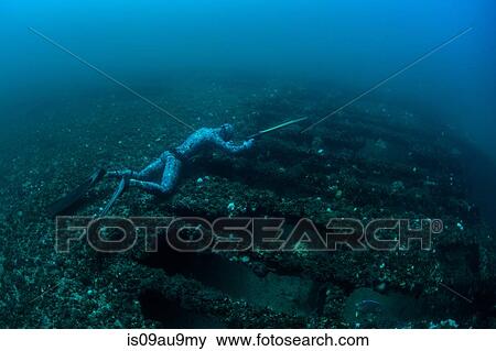 Underwater view of spearfisher waiting above shipwreck for prey, Cabo Catoche, Quintana Roo, Mexico View Large Photo Image Stock Photo - Underwater view of spearfisher waiting above shipwreck for prey, Cabo Catoche, Quintana Roo, Mexico. Fotosearch