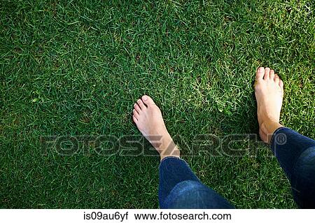 Stock Image - Woman standing on grass, low section, elevated view. Fotosearch