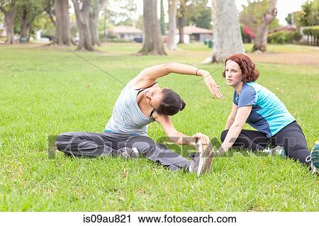 Young women wearing sports clothing sitting on grass stretching View Large Photo Image Stock Image - Young women wearing sports clothing sitting on grass stretching. Fotosearch