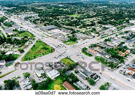 Aerial view of crossroads in urban sprawl, Miami, Florida, USA View Large Photo Image Stock Photo - Aerial view of crossroads in urban sprawl, Miami, Florida, USA. Fotosearch
