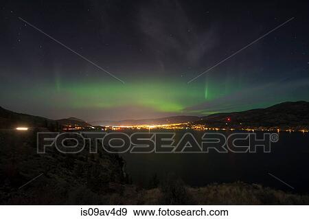 Aurora borealis over Skaha Lake at night, Kickininee Provincial Park, British Columbia, Canada View Large Photo Image Stock Photo - Aurora borealis over Skaha Lake at night, Kickininee Provincial Park, British Columbia, Canada. Fotosearch