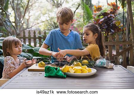 Stock Image - Boy and two young sisters preparing lemon juice for lemonade at garden table. Fotosearch