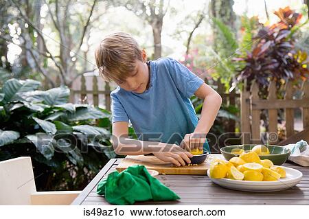 Boy squeezing lemon for lemonade at garden table View Large Photo Image Picture - Boy squeezing lemon for lemonade at garden table. Fotosearch