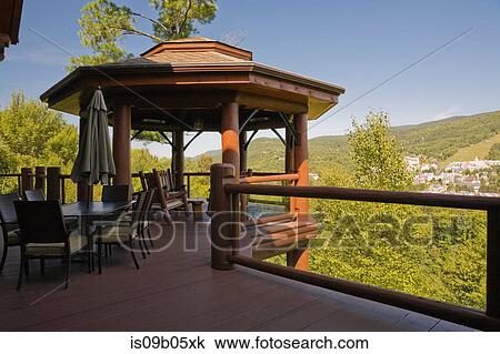 Brown gazebo on wooden deck with tempered glass and log railings at back of luxurious cottage style log home in summer, Quebec, Canada View Large Photo Image Stock Image - Brown gazebo on wooden deck with tempered glass and log railings at back of luxurious cottage style log home in summer, Quebec, Canada. Fotosearch