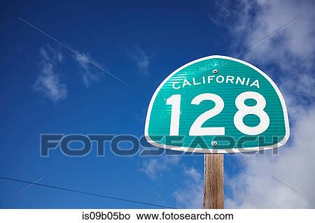 California 128 highway sign against blue sky, California, USA View Large Photo Image Picture - California 128 highway sign against blue sky, California, USA. Fotosearch