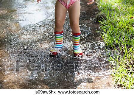 Child in wellies playing in puddle of water View Large Photo Image Stock Photo - Child in wellies playing in puddle of water. Fotosearch