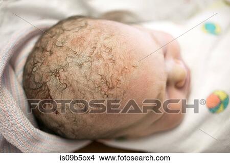 Picture - Close up of newborn baby girl wrapped in blanket asleep. Fotosearch