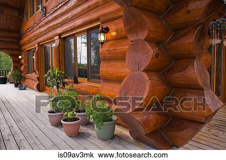 Stock Image - Exterior of cottage style log home with 46 foot long wooden plank veranda decorated with green plants in planters in summer. Fotosearch