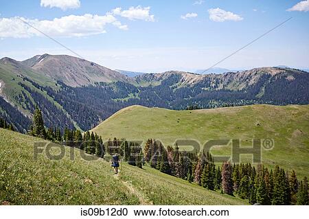 Stock Image - Female backpacker hiking landscape trail, Never Summer Wilderness, Colorado, USA. Fotosearch