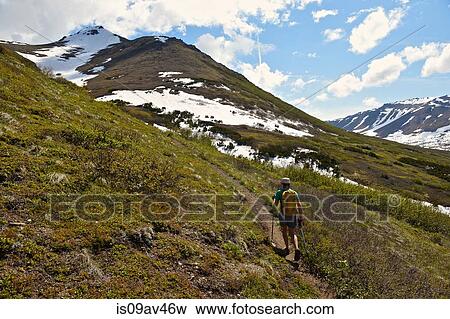 Female mountain climber walking uphill, rear view, Chugach State Park, Anchorage, Alaska, USA View Large Photo Image Stock Photo - Female mountain climber walking uphill, rear view, Chugach State Park, Anchorage, Alaska, USA. Fotosearch