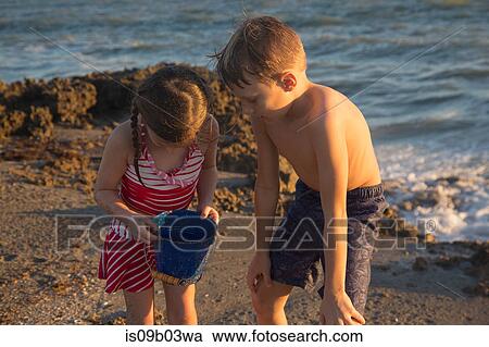 Stock Image - Girl and brother peering into toy bucket on beach, Blowing Rocks Preserve, Jupiter Island, Florida, USA. Fotosearch
