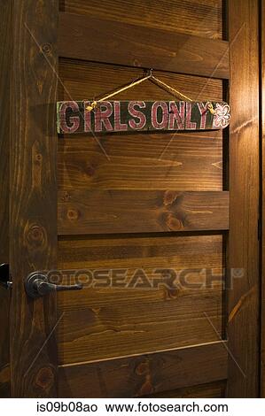 Girls only door sign on wooden door View Large Photo Image Picture - Girls only door sign on wooden door. Fotosearch