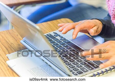 Stock Image - Hands of female mature student typing on laptop in class. Fotosearch