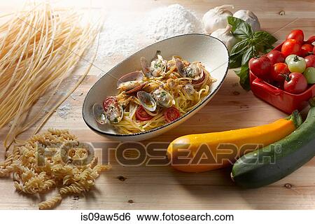 High angle view of fettuccini with clams in oval serving dish View Large Photo Image Stock Photograph - High angle view of fettuccini with clams in oval serving dish. Fotosearch