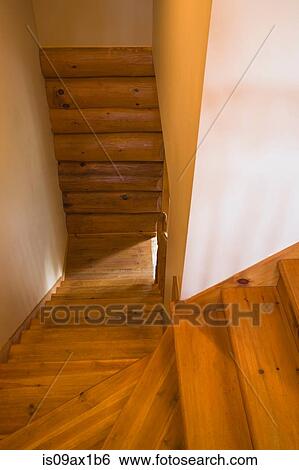 High angle view of pine wood staircase View Large Photo Image Stock Photograph - High angle view of pine wood staircase. Fotosearch