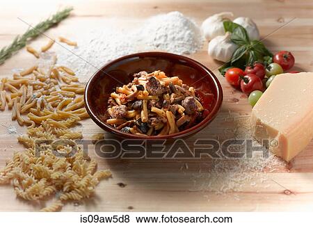 High angle view of pork and mushroom pasta in bowl View Large Photo Image Stock Photo - High angle view of pork and mushroom pasta in bowl. Fotosearch