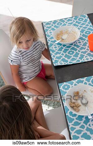 High angle view of sisters at dining table eating breakfast View Large Photo Image Picture - High angle view of sisters at dining table eating breakfast. Fotosearch