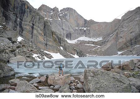 Hiker exploring Chasm Lake, Rocky Mountains National Park, Colorado View Large Photo Image Stock Photo - Hiker exploring Chasm Lake, Rocky Mountains National Park, Colorado. Fotosearch