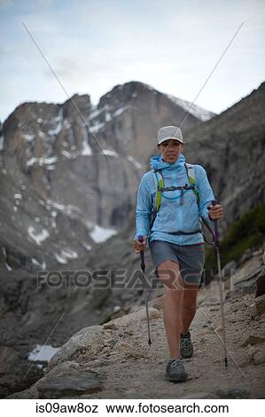 Stock Photo - Hiker exploring Chasm Lake, Rocky Mountains National Park, Colorado. Fotosearch
