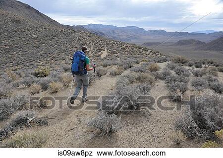 Stock Photo - Hiker exploring desert, Cottonwood Canyon, Death Valley National Park, California. Fotosearch