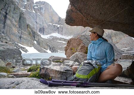 Stock Photo - Hiker taking break, Chasm Lake, Rocky Mountains National Park, Colorado. Fotosearch
