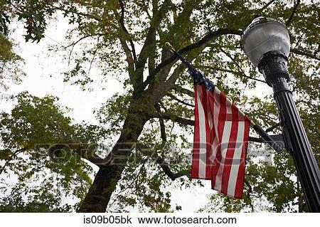 Stock Image - Low angle view of street lamp and American flag, California, USA. Fotosearch