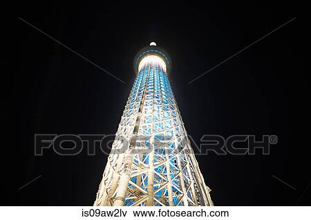 Low angle view of Tokyo Skytree at night, Tokyo, Japan View Large Photo Image Stock Photo - Low angle view of Tokyo Skytree at night, Tokyo, Japan. Fotosearch