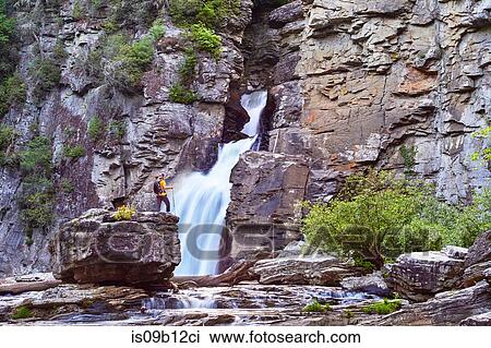 Stock Image - Male hiker at Linville Falls, Blue Ridge Parkway, North Carolina, USA. Fotosearch