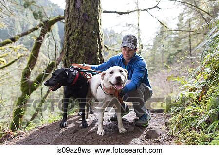 Man in forest crouching stroking dogs View Large Photo Image Stock Photograph - Man in forest crouching stroking dogs. Fotosearch
