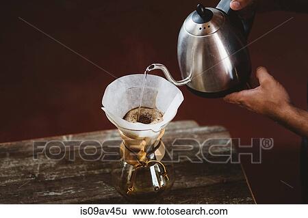 Man pouring water into filter coffee maker View Large Photo Image Stock Photograph - Man pouring water into filter coffee maker. Fotosearch