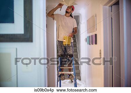 Man up stepladder painting ceiling View Large Photo Image Stock Photography - Man up stepladder painting ceiling. Fotosearch