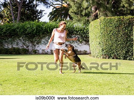 Mature woman running in park with dog View Large Photo Image Stock Photograph - Mature woman running in park with dog. Fotosearch