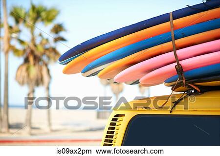 Picture - Multi-coloured surfboards tied onto vehicle, Venice Beach, Los Angeles, USA. Fotosearch