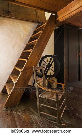 Stock Photography - Old wooden rocking chair and spinning wheel next to stairs in the master bedroom leading to attic in (1785) fieldstone cottage style home, Quebec, Canada. Fotosearch