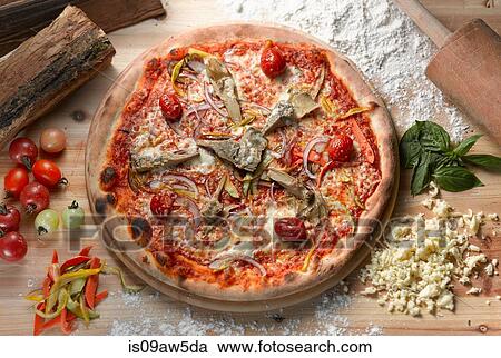 Overhead view of artichoke pizza View Large Photo Image Stock Image - Overhead view of artichoke pizza. Fotosearch