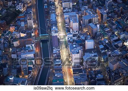Stock Photography - Overhead view of city and highways at night, Tokyo, Japan. Fotosearch