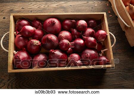 Overhead view of red onions in wooden crate View Large Photo Image Stock Image - Overhead view of red onions in wooden crate. Fotosearch